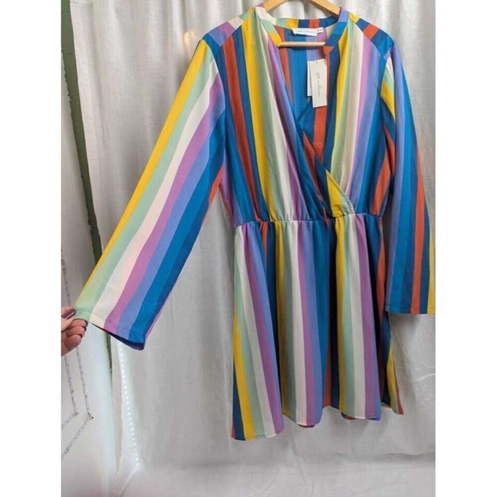 All in Favor women's size XL colorful striped mini dress, long sleeve, v neck C7 - Picture 4 of 12